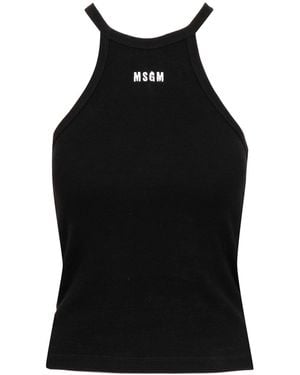 MSGM Schwarzes Geripptes Baumwolltop Mit Rundhalsausschnitt