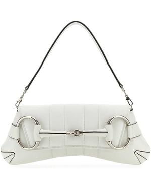 Gucci Leather Medium Horsebit Chain Clutch - White