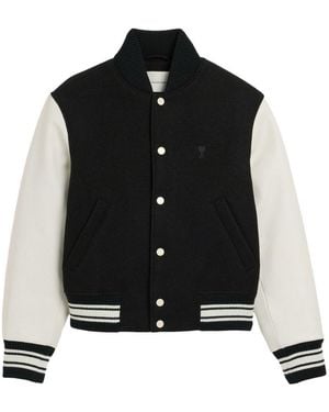 Ami Paris Wool And Leather Bomber Jacket - Black
