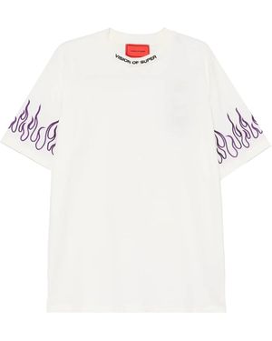 Vision Of Super T Shirt Bianca Con Fiamme Viola Ricamate - White