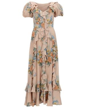 McQueen Floral Print Ruched Silk Dress - Metallic