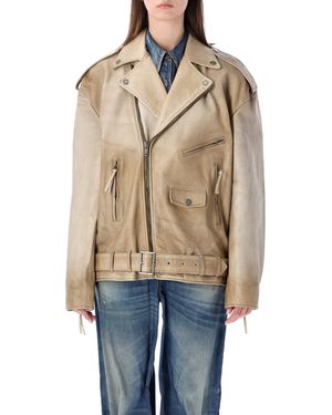 Golden Goose Brushed Leather Biker Jacket With Asymmetric Zip A - Natur