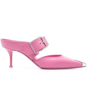 McQueen Punk Buckled Leather Mules - Pink