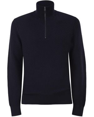 BOSS Strukturierter Baumwollpullover von mit Stehkragen und Reißverschluss - Blau