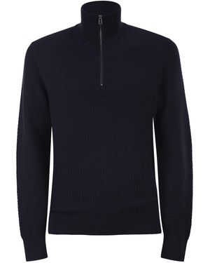 BOSS Textured Cotton Sweater With High Neck And Zip - Blue