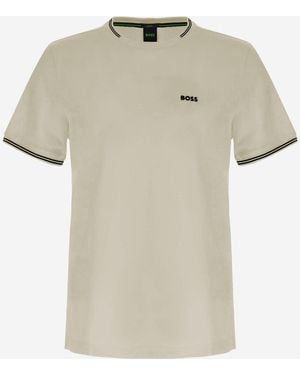 BOSS Stretch Cotton T Shirt With Logo - Natural