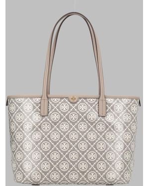 Tory Burch T Monogram Small Canvas Shopping Bag Mini Shoulder Tote 23.5 Cm - Grey