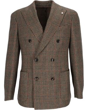 LUIGI BIANCHI SARTORIA Drop 7 Double-Breasted Chequered Blazer - Brown