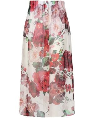 Dolce & Gabbana Rose Print Silk Midi Skirt - White