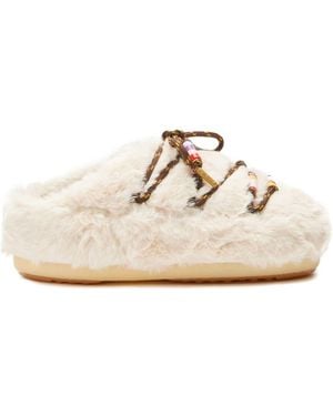 Moon Boot Faux-Fur Beaded Slippers - White