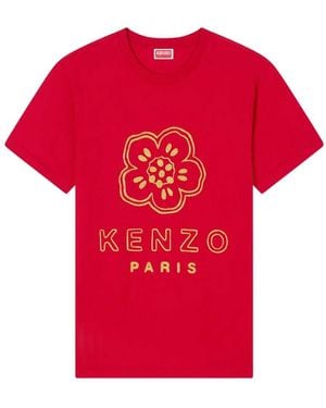 KENZO Slim Fit Cotton T Shirt With "Boke Flower" Embroidery - Red