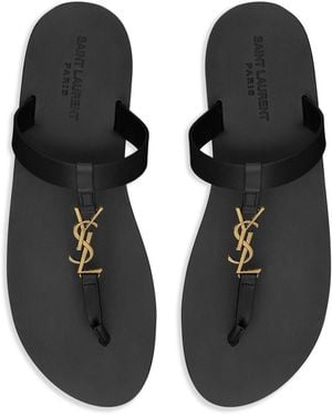 Saint Laurent Cassandre Leather Thong Sandals - Black