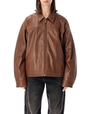 Haikure Silky Leather Cropped Jacket For With Boxy Fit & Adjustable Waist - Brown