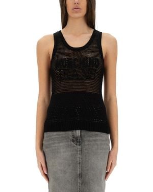 Moschino Textured Mesh Top With Bold Logo Design - Black