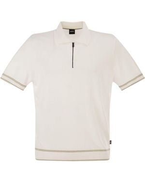 BOSS Linen And Viscose Polo Shirt With Zip And Contrast Trims - White
