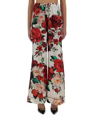 Pantalon De Pyjama Dolce & Gabbana En Soie Rose - Imprimé Floral & Chat - Taille M