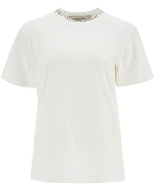Golden Goose Golden Gans Vintage weiße Baumwoll -T -Shirt mit Strassstickerei