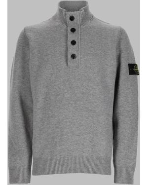 Stone Island Wool Blend Buttoned Jumper Virgin Jumpers - Grey