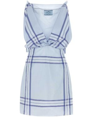 Prada Embroidered Cotton Mini Dres - Blue