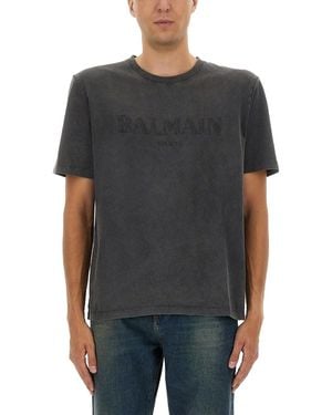 Balmain T Shirt With Logo Embroidery - Grey