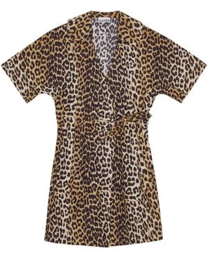 Ganni Abito Corto Leopardato - Marrone