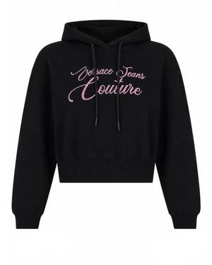 Versace Jeans Couture Cropped Drawstring Script Logo Cotton Hoodie - Black