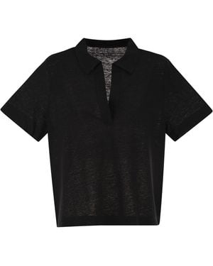 Majestic Cropped Linen Stretch Polo With V Neck - Black