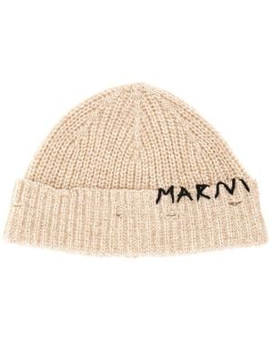 Marni Beanie Hat With Mending Embroidery Virgin Wool Knit - Natural