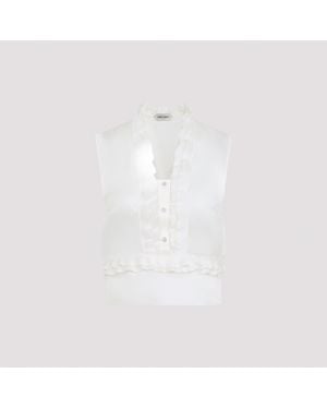 Alberta Ferretti Sleeveless Silk Top With Ruffled V-Neckline And Bu - Weiß