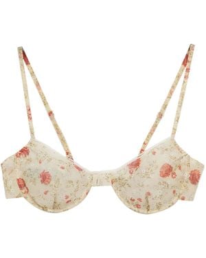Prada Floral-Print Lace-Trim Bra - Natural