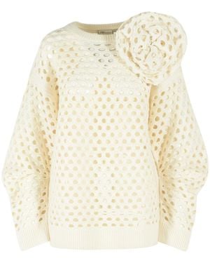 Blumarine Ivory Openwork Wool Cardigan - Natural