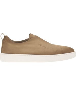 Santoni Suede Leather Slip-On Trainers With Rubber Sole - Brown
