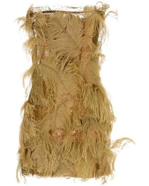 The Attico Strapless Lace And Mesh Mini Dress With Fringe - Natural