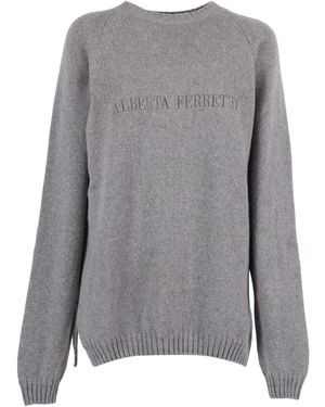 Alberta Ferretti Lightweight Cashmere-Wool Knit Sweater With Classic Round Neckline - Gray