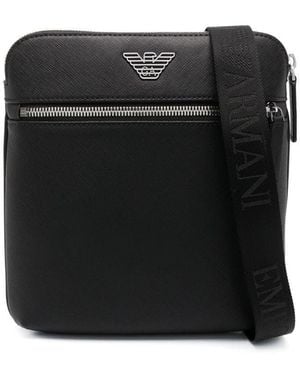 Emporio Armani Flache Umhängetasche Aus Leder Mit Adler-plakette - Schwarz