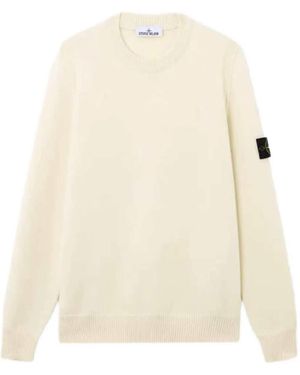 Stone Island 5100072 Pullover Aus Lammwolle Mit Rundhalsausschnitt Und Geripptem Besatz - Weiß
