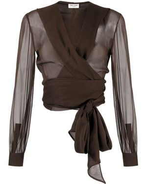 Saint Laurent Blusa a incrocio con cappuccio in mussola di crêpe di seta - Marrone