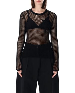 Ganni Mercerized Cotton Mesh Pointelle Longsleeve Top - Black