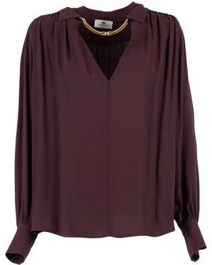 Elisabetta Franchi Burgundy Blouse With Deep V-Neck And Pleated Detailing - Purple