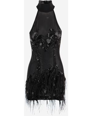 Just Cavalli Technical Jersey Dress With Feathered Details - Black