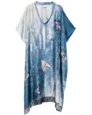 Pierre Louis Mascia V-Neck Short Sleeves Border Print Printed Silk Kaftan - Blue