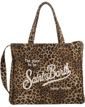 MC2 Saint Barth Leopard Print Canvas Tote Bag With Logo - Brown