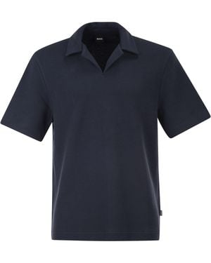 BOSS Textured Cotton Polo Shirt With Open Collar - Blue