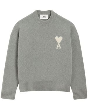 Ami Paris Relaxed Fit Knit Sweater With Heart Logo Detail - Grau