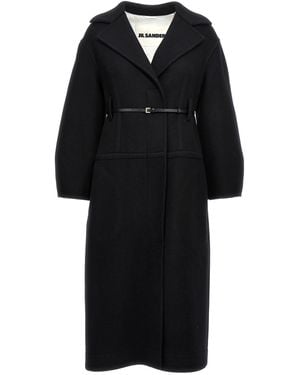 Jil Sander Tailored Long Wool Coat With Structured Lapel And Removable Waist Belt - Black