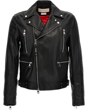 McQueen Textured Leather Jacket With Zip Closure - Schwarz