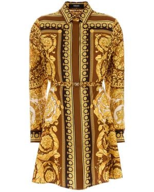 Versace Silk Belted Mini Shirt Dress - Metallic
