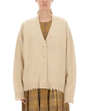 Uma Wang Relaxed Fit Cashmere Cardigan With V-Neckline And Distressed Edges - Natural