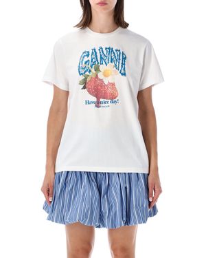 Ganni Strawberry Print Cotton T-Shirt - White