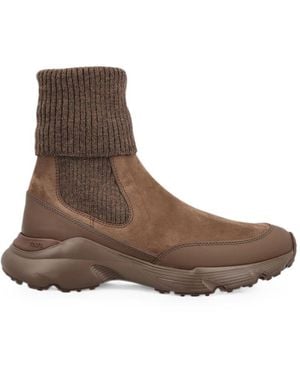 Tod's Leather Knitted Chelsea Boots - Brown